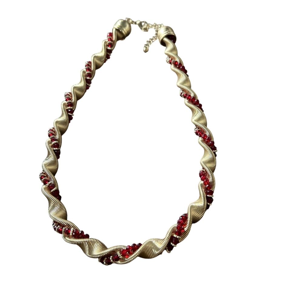 Vintage Estate Twisted Red Beads Gold Tone Necklace